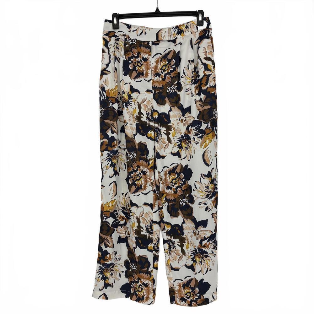 Women's Beautiful Floral Cream Navy Brown Peach Yellow Wide-Leg Pants size 12